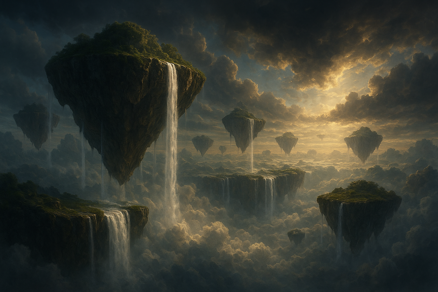Floating islands above the clouds with waterfalls