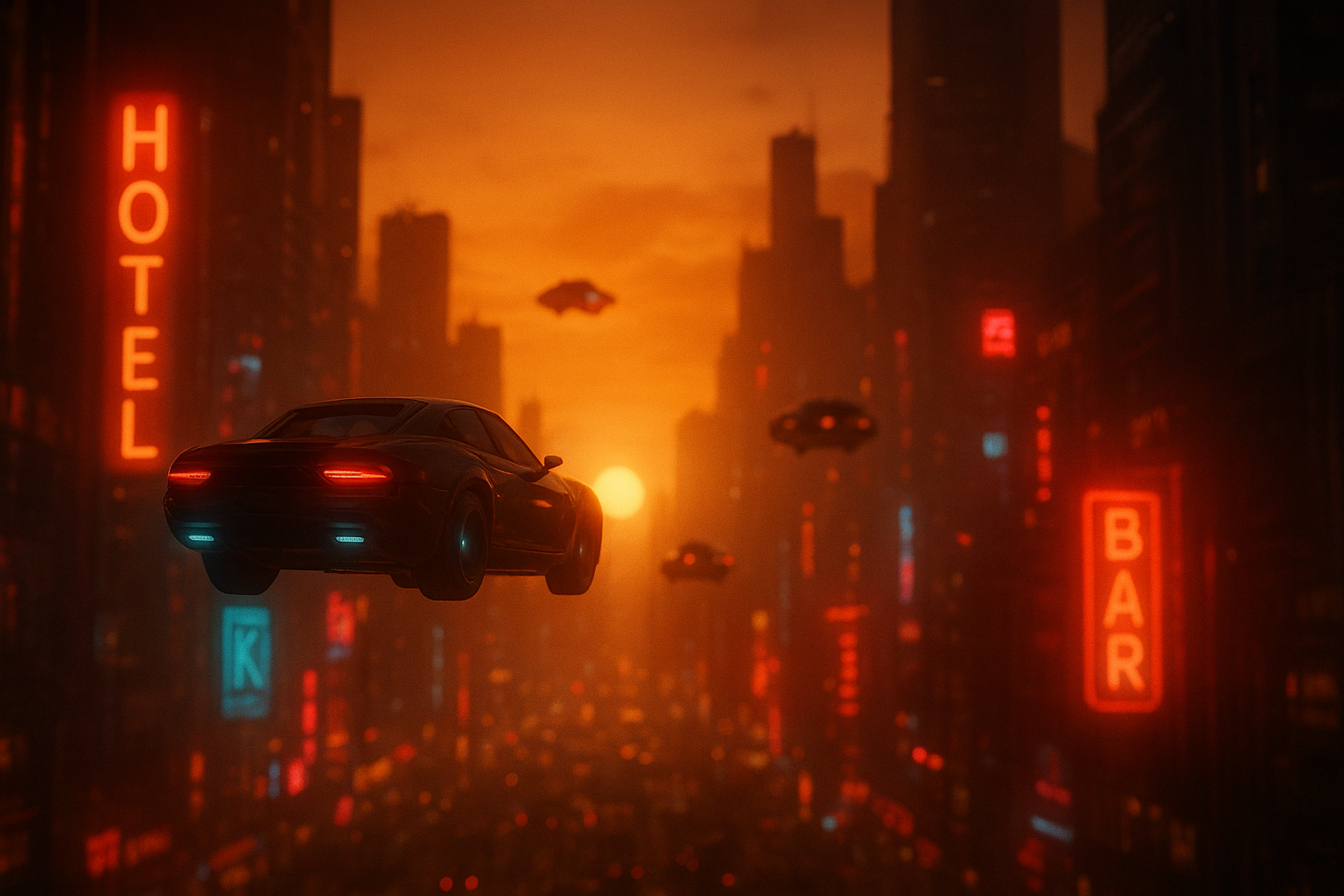 Futuristic city at sunset with flying cars